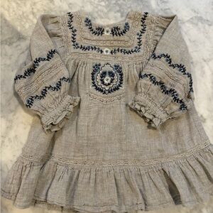 Zara Kids Cream Dress with Navy Embroidery